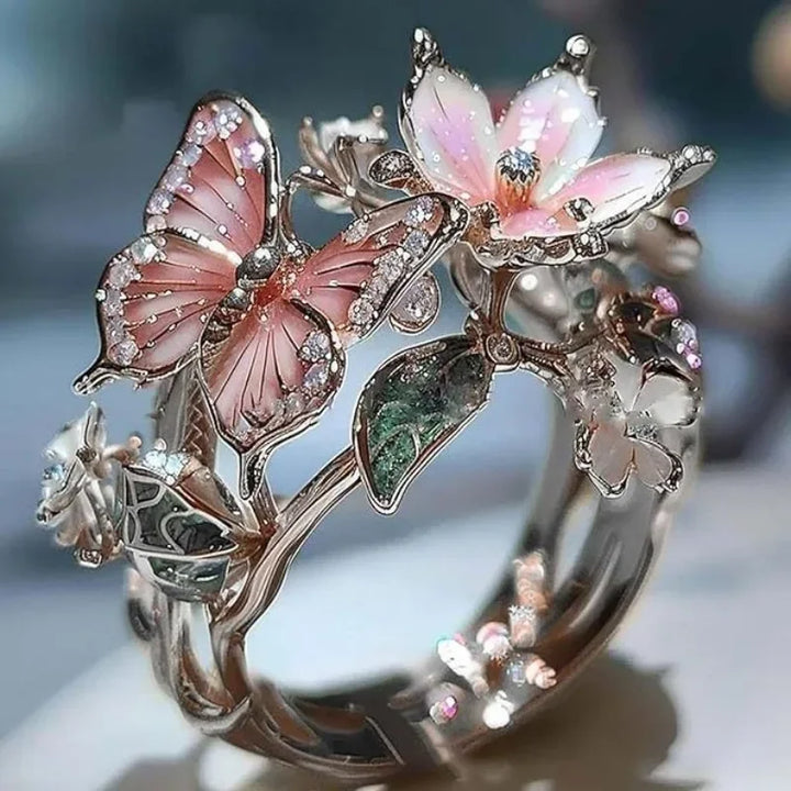 Rosa | Anello brillante a farfalla ispirato alla natura con zirconi