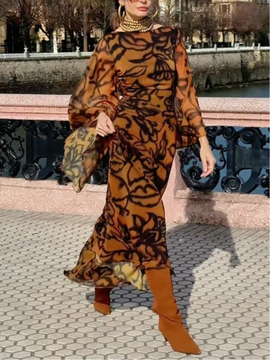 Roberta | Abito lungo marrone stampato in stile glamour da spiaggia