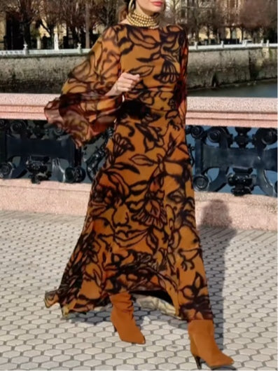 Roberta | Abito lungo marrone stampato in stile glamour da spiaggia