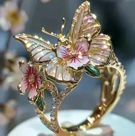Rosa | Anello brillante a farfalla ispirato alla natura con zirconi