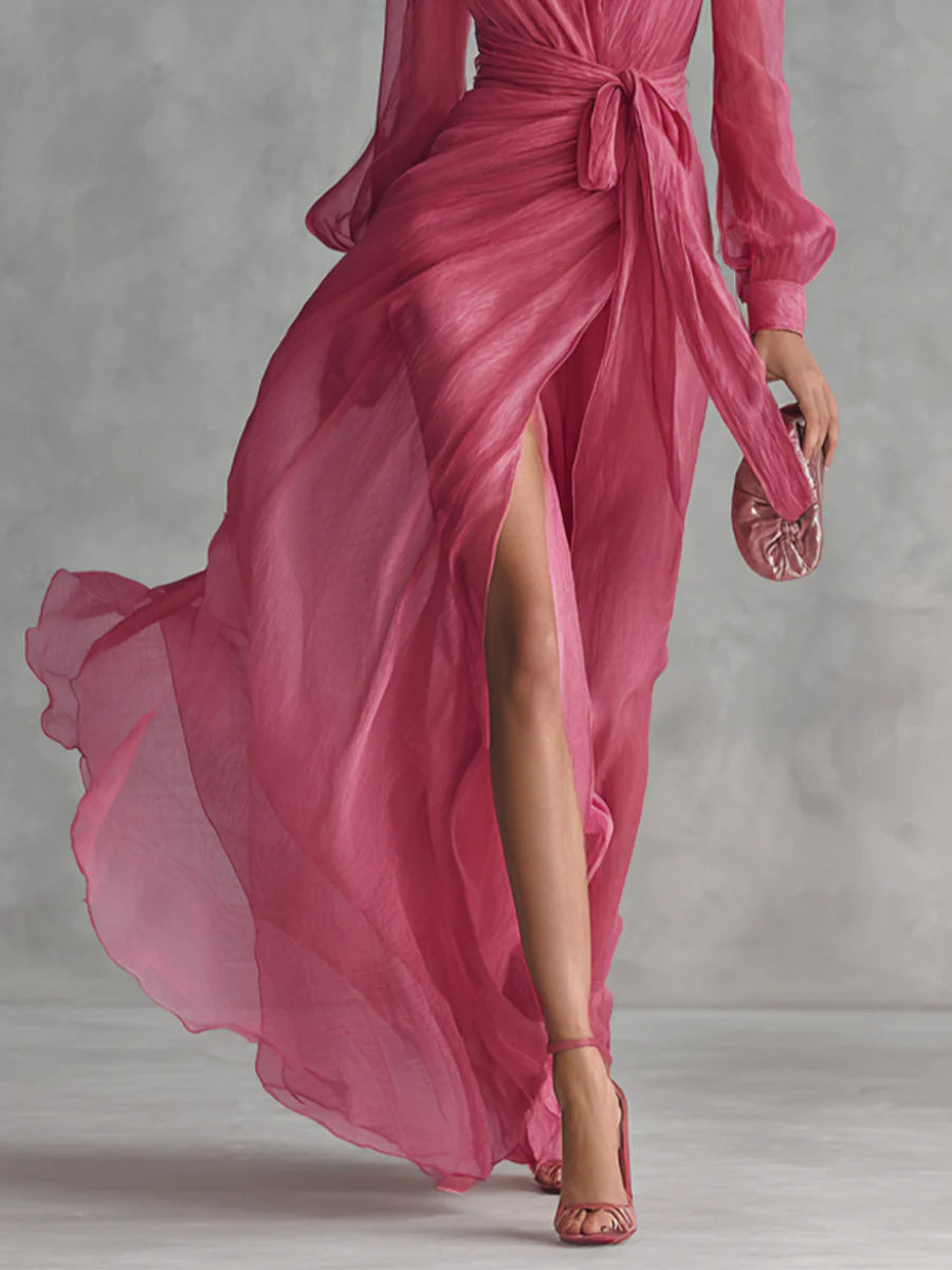 Lea | Abito lungo elegante in chiffon con scollo a V e laccio in vita