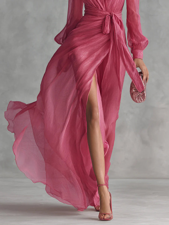 Lea | Abito lungo elegante in chiffon con scollo a V e laccio in vita