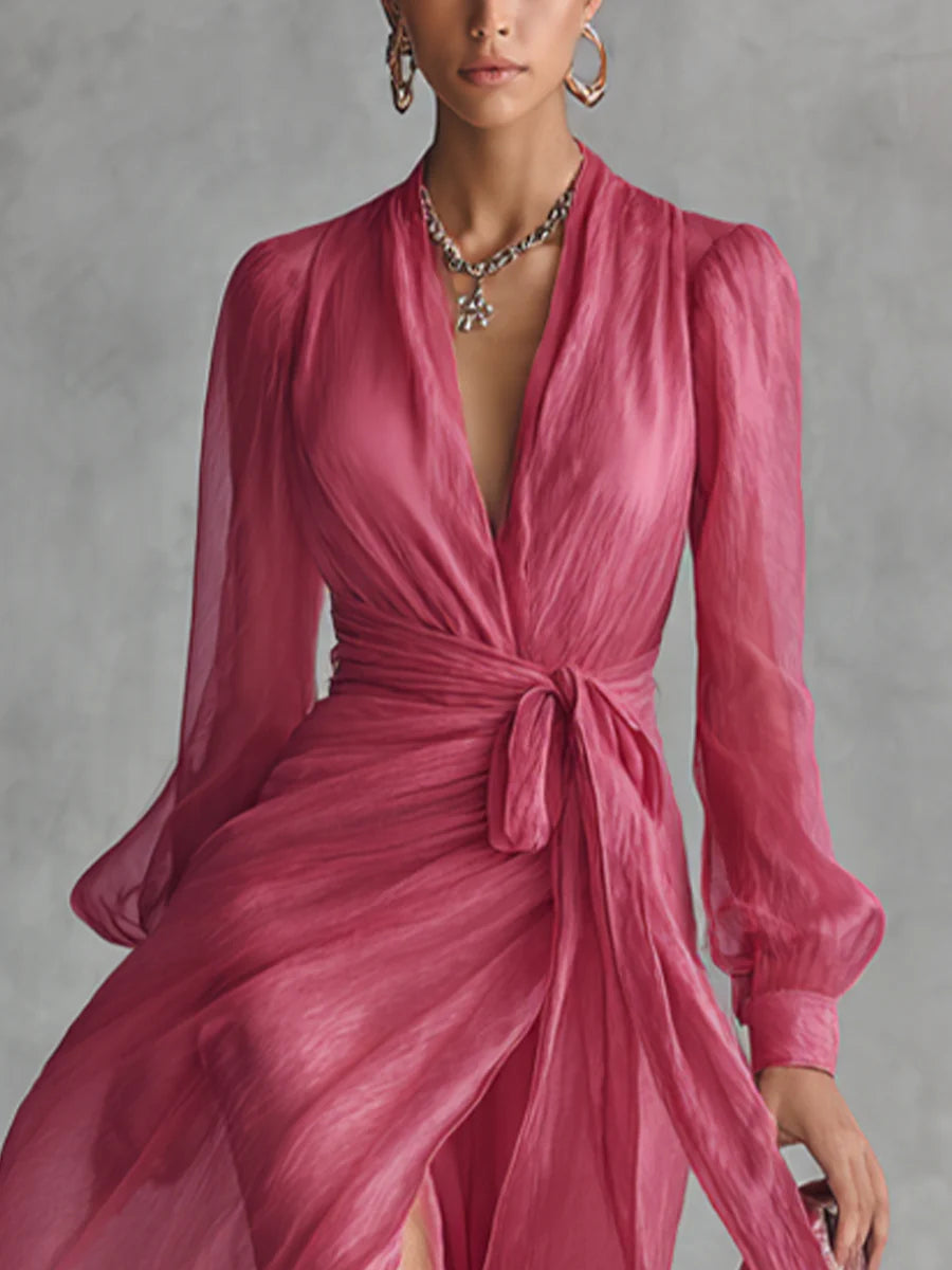 Lea | Abito lungo elegante in chiffon con scollo a V e laccio in vita