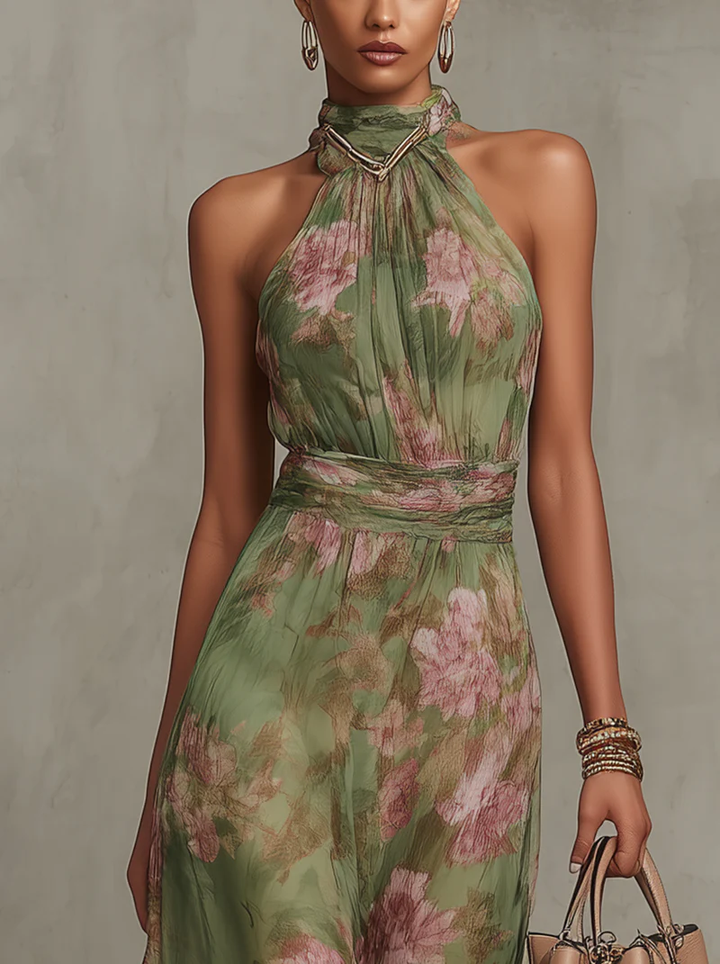 Emma | Abito lungo verde in chiffon a fiori con schiena scoperta