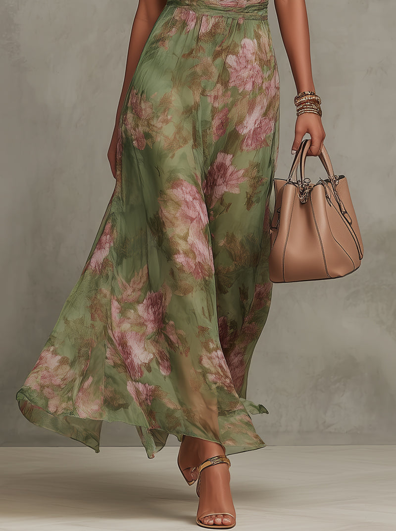 Emma | Abito lungo verde in chiffon a fiori con schiena scoperta