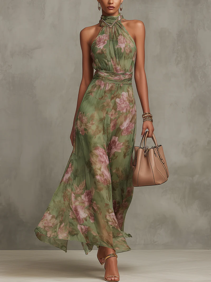 Emma | Abito lungo verde in chiffon a fiori con schiena scoperta