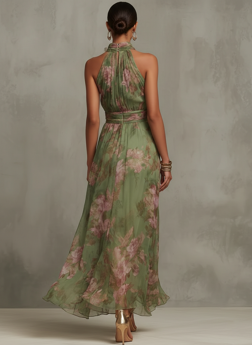 Emma | Abito lungo verde in chiffon a fiori con schiena scoperta