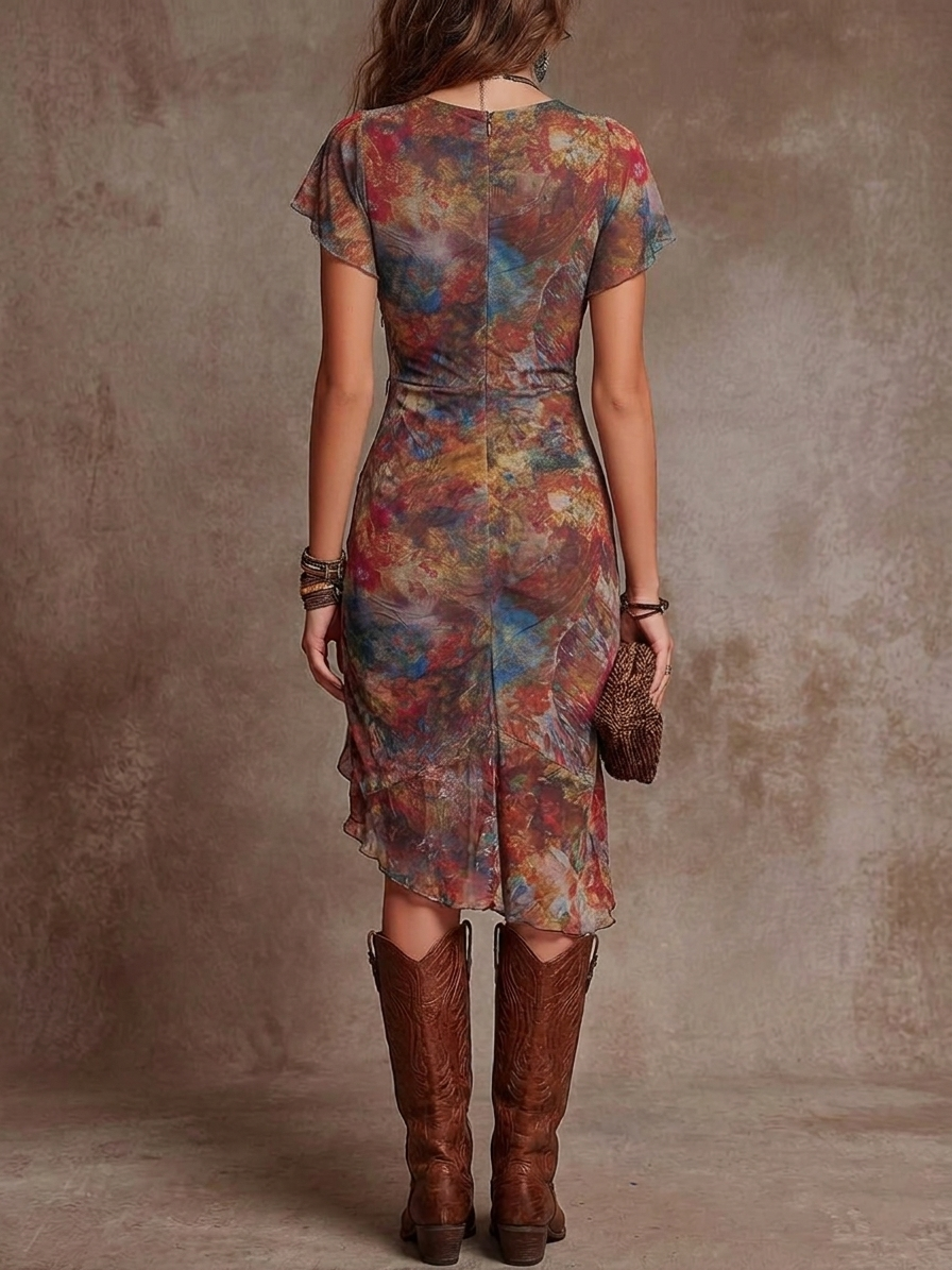Emilia | Abito midi boho plissettato con fantasia astratta e scollo a cuore a V