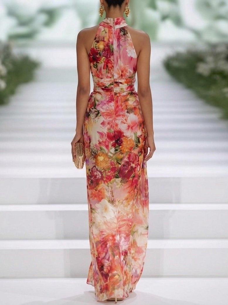 Carla | Abito lungo rosso senza maniche in chiffon a fiori