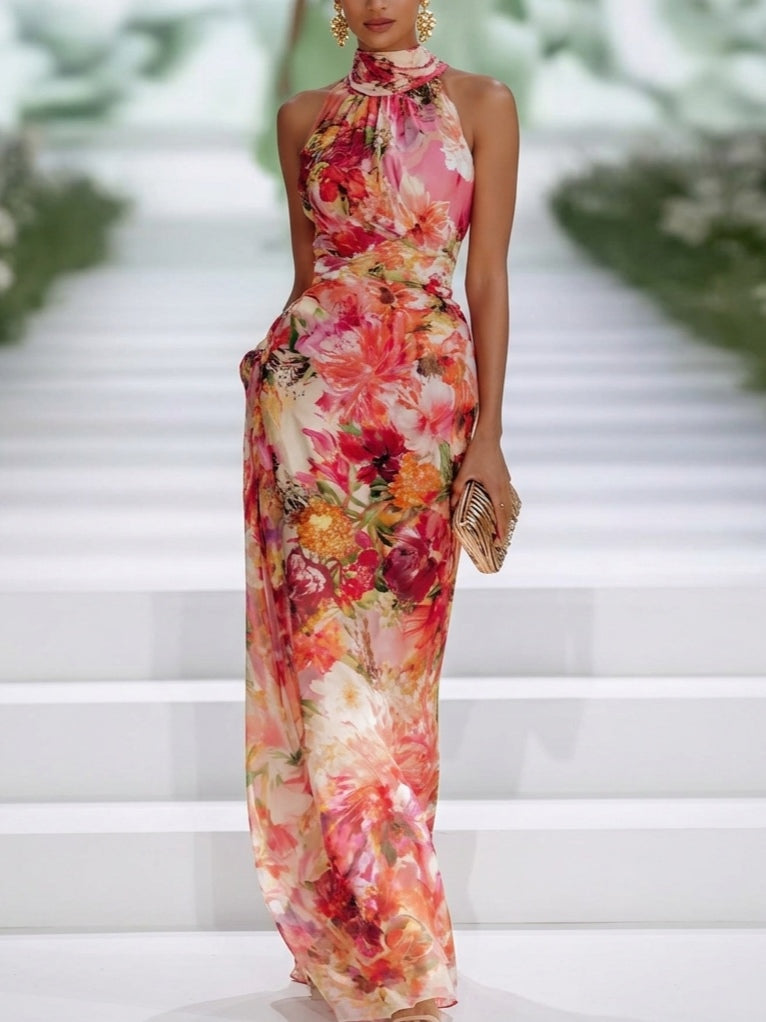 Carla | Abito lungo rosso senza maniche in chiffon a fiori