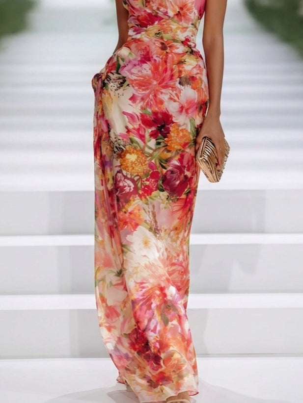 Carla | Abito lungo rosso senza maniche in chiffon a fiori