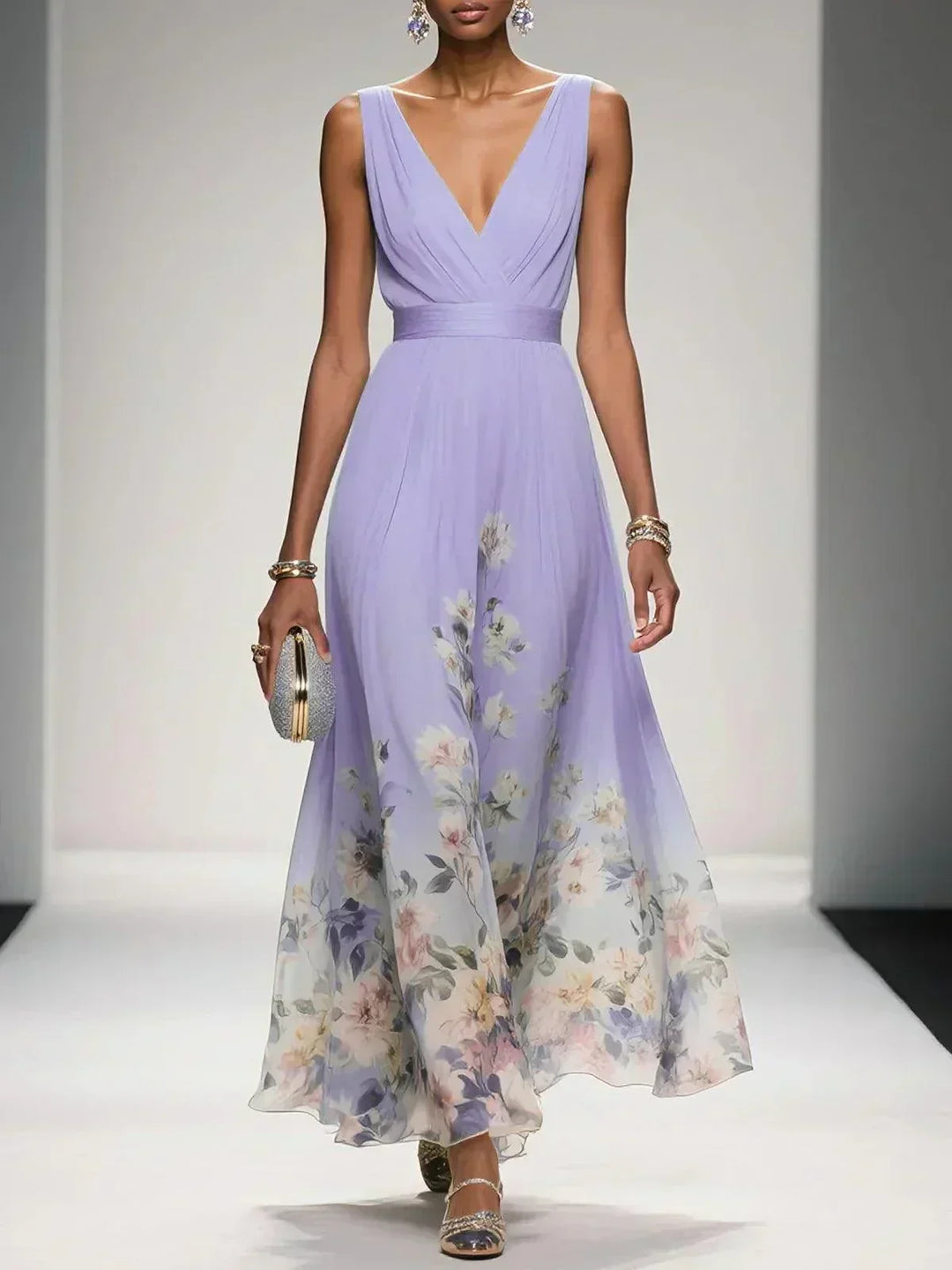 Paola | Abito lungo in chiffon con fiori azzurri e scollo a V