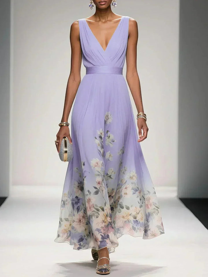 Paola | Abito lungo in chiffon con fiori azzurri e scollo a V