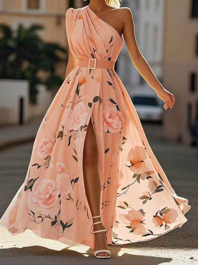 Amelia | Abito lungo verde chiaro in chiffon a fiori con spalle scoperte