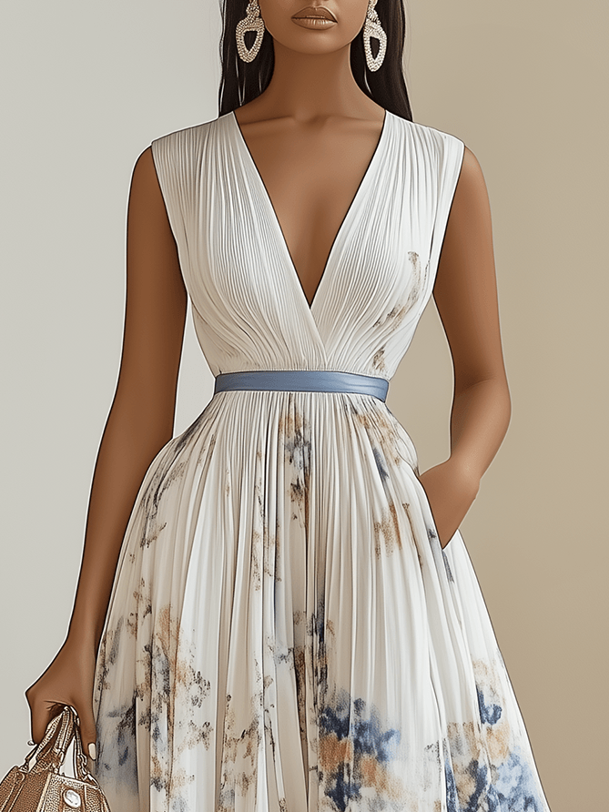 Brigida | Abito midi bianco plissettato in chiffon a fiori con scollo a V
