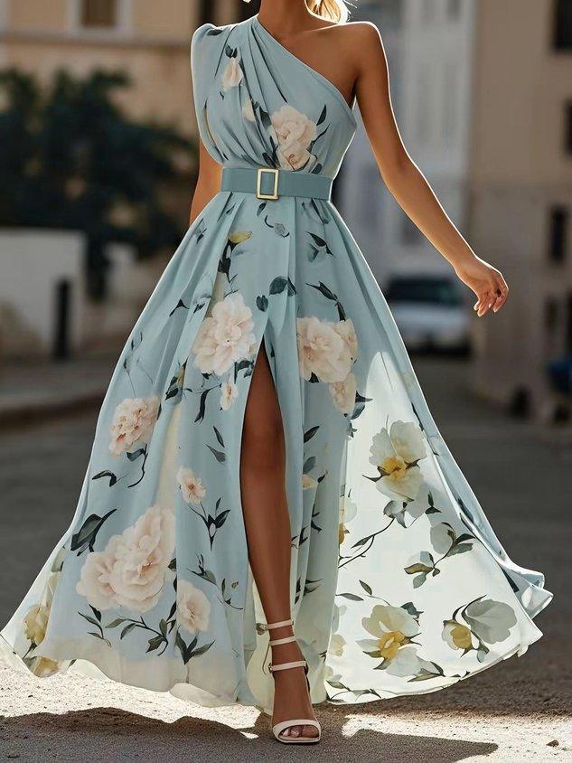 Amelia | Abito lungo verde chiaro in chiffon a fiori con spalle scoperte