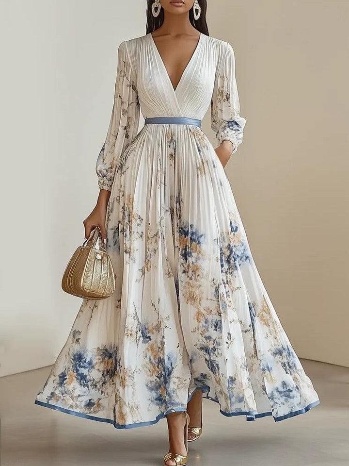 Maia | Abito lungo bianco in chiffon a fiori con maniche voluminose