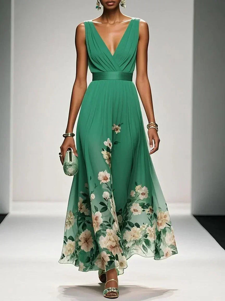 Paola | Abito lungo in chiffon con fiori azzurri e scollo a V