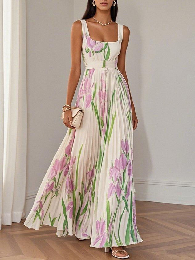 Matilde | Abito lungo bianco plissettato in chiffon a fiori