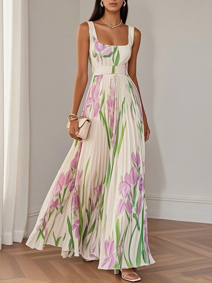 Matilde | Abito lungo bianco plissettato in chiffon a fiori