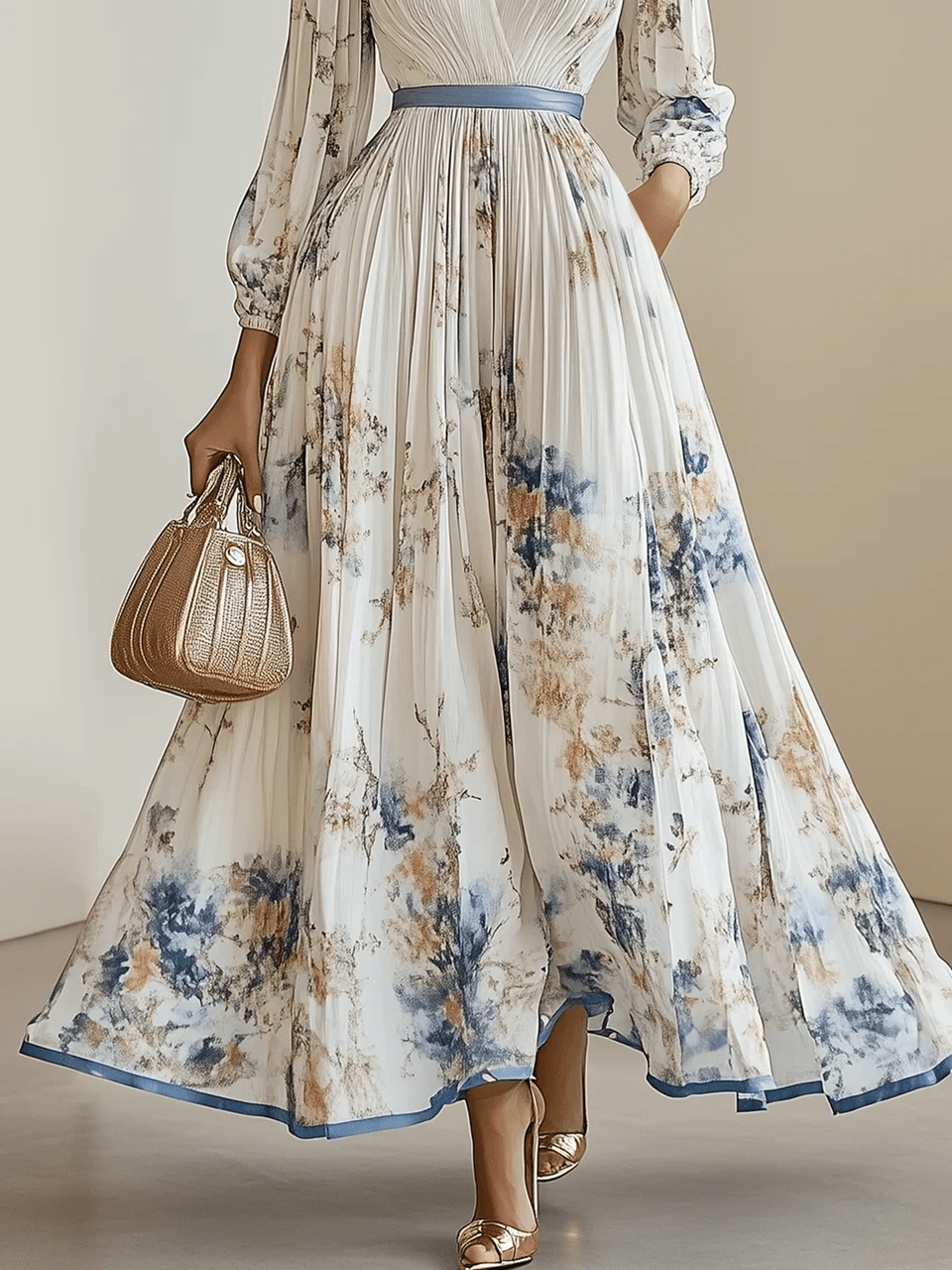 Maia | Abito lungo bianco in chiffon a fiori con maniche voluminose