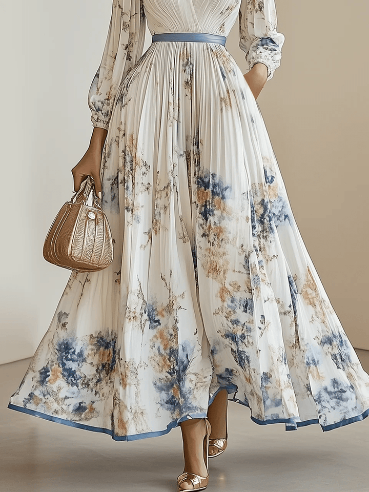Maia | Abito lungo bianco in chiffon a fiori con maniche voluminose
