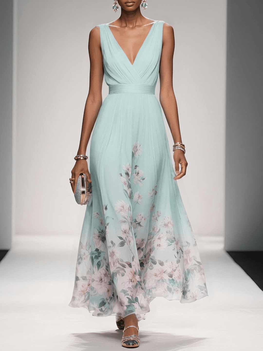 Paola | Abito lungo in chiffon con fiori azzurri e scollo a V