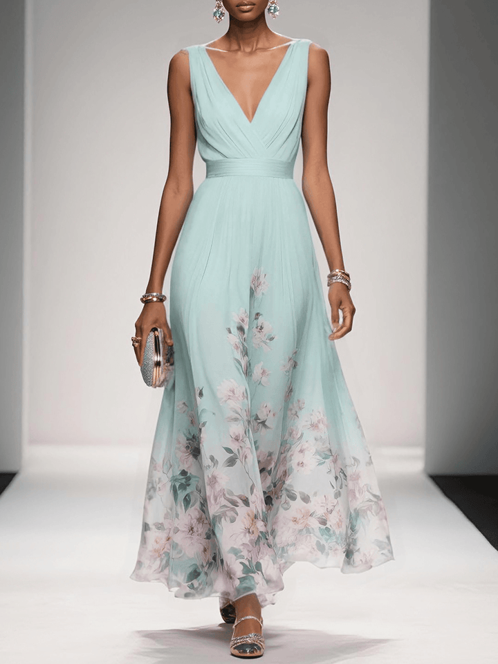 Paola | Abito lungo in chiffon con fiori azzurri e scollo a V