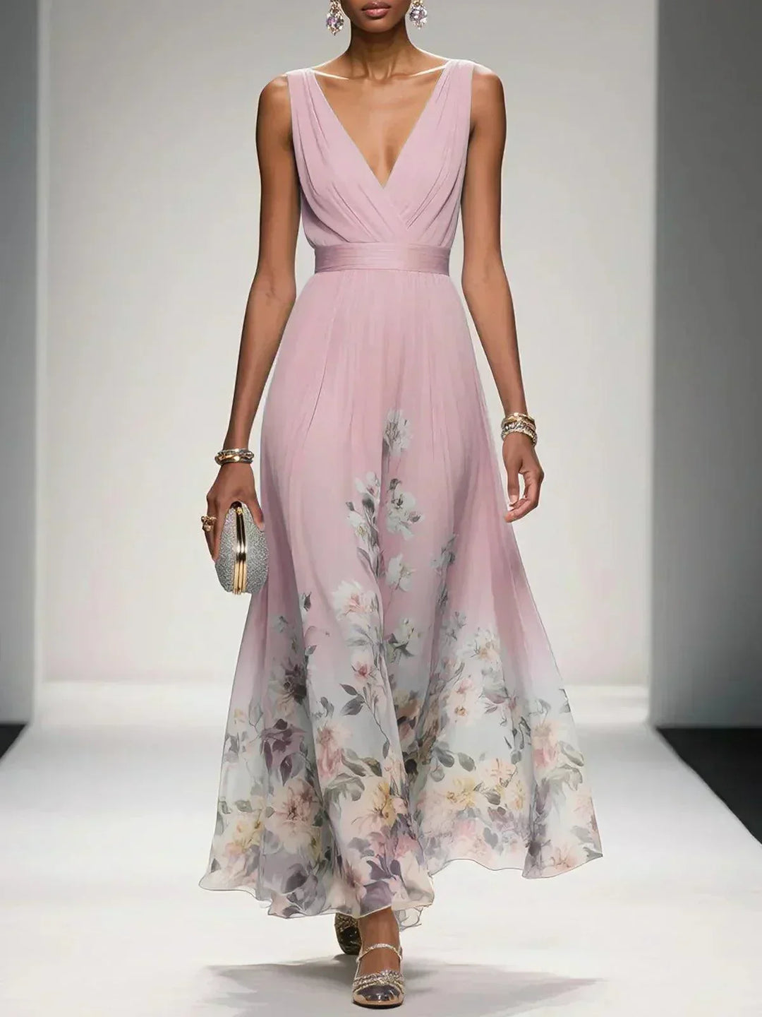 Paola | Abito lungo in chiffon con fiori azzurri e scollo a V