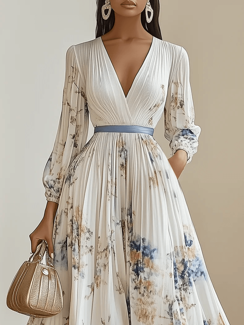 Maia | Abito lungo bianco in chiffon a fiori con maniche voluminose