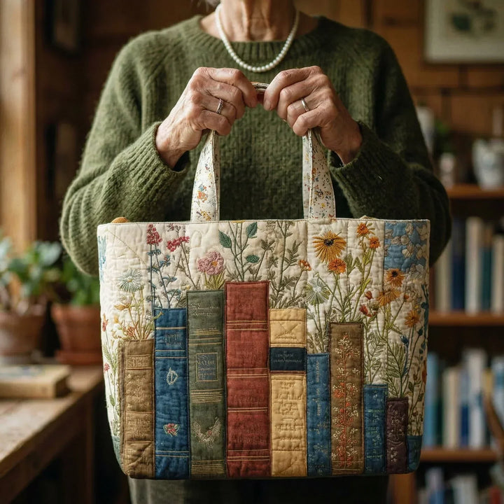 Anna | Borsa trapuntata con libri e fiori di campo
