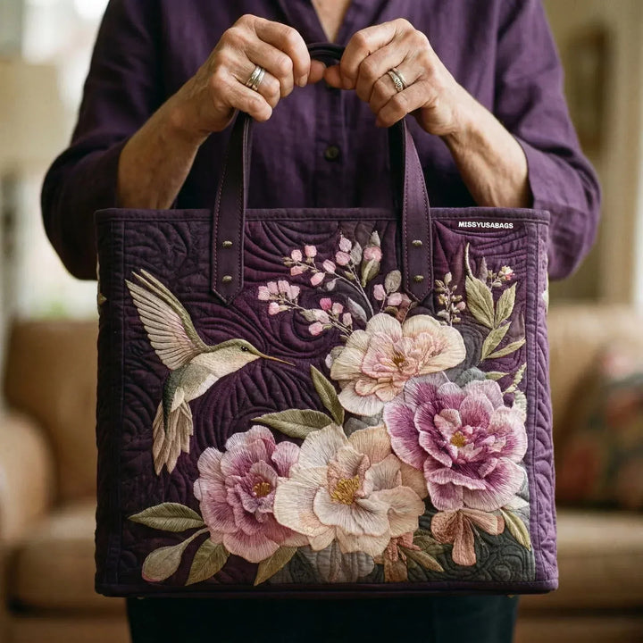 Chiara | Borsa trapuntata con colibrì e fiori rosa