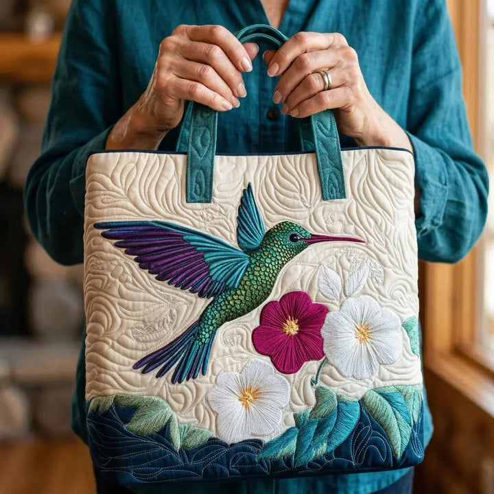 Annalisa | Borsa trapuntata con colibrì e fiori bianchi