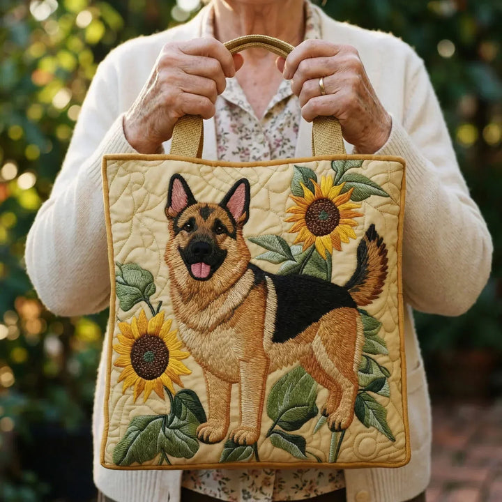 Enrichetta | Borsa trapuntata con pastore tedesco e girasoli