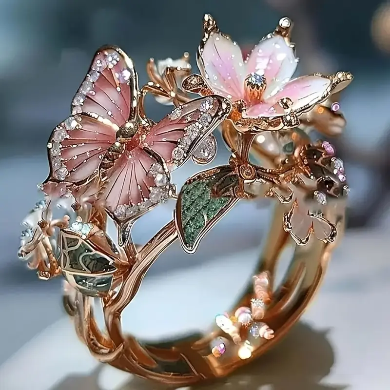 Rosa | Anello brillante a farfalla ispirato alla natura con zirconi