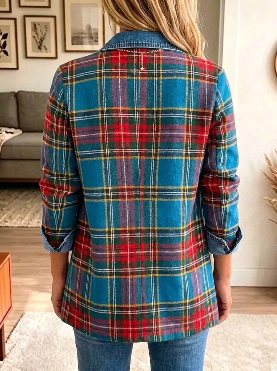 Elena | Blazer di jeans con patchwork tartan