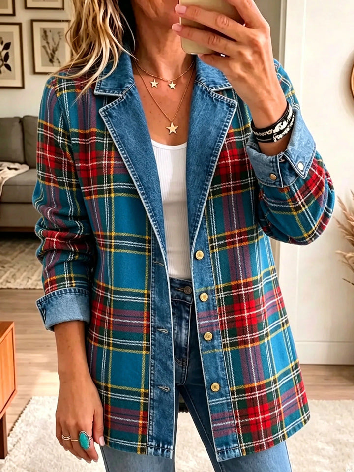 Elena | Blazer di jeans con patchwork tartan