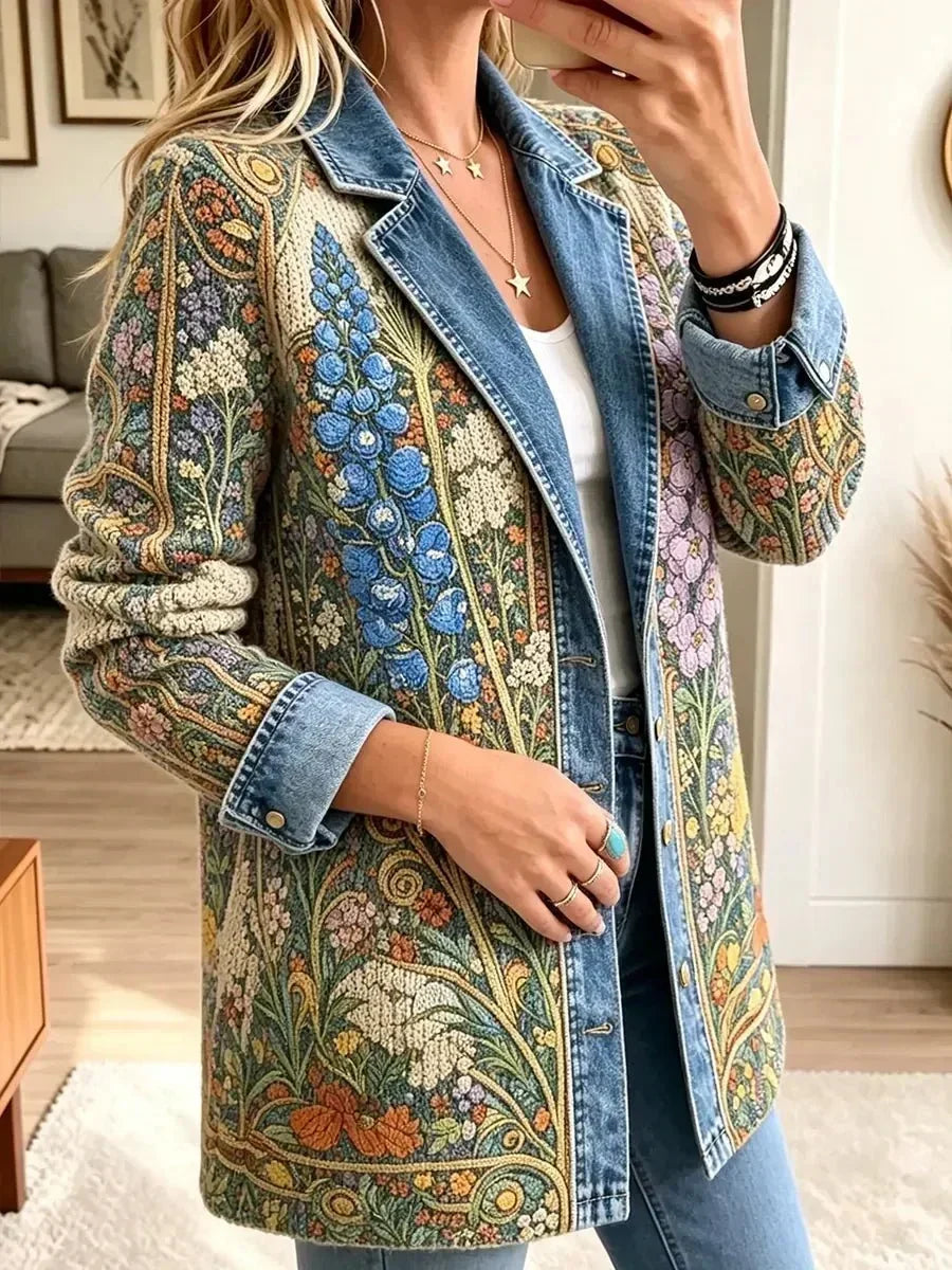 Caterina | Giacca di jeans vintage con fantasia floreale