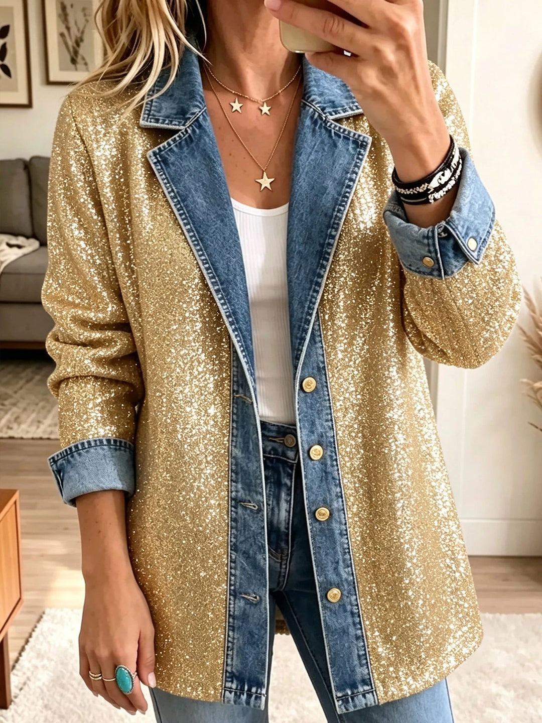 Greta | Giacca di jeans patchwork con glitter dorati