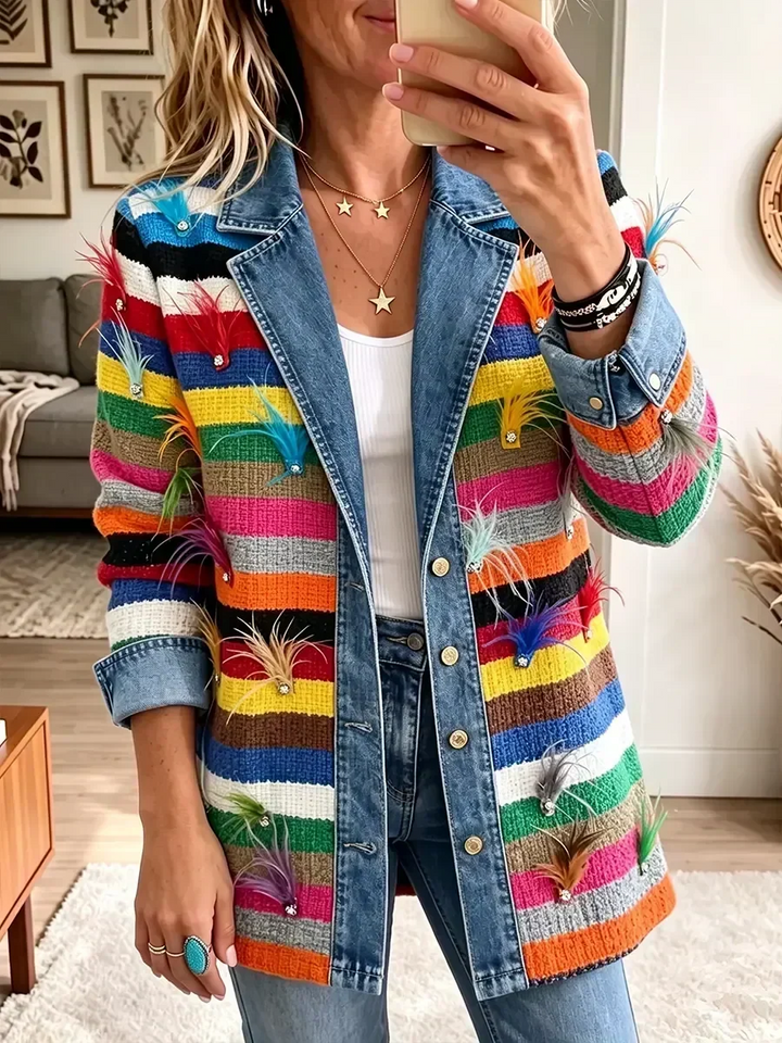 Antonia | Giacca di jeans vintage con stampa di piume