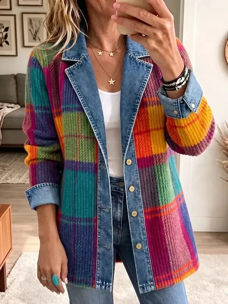 Frida | Giacca di jeans vintage con patchwork a quadri