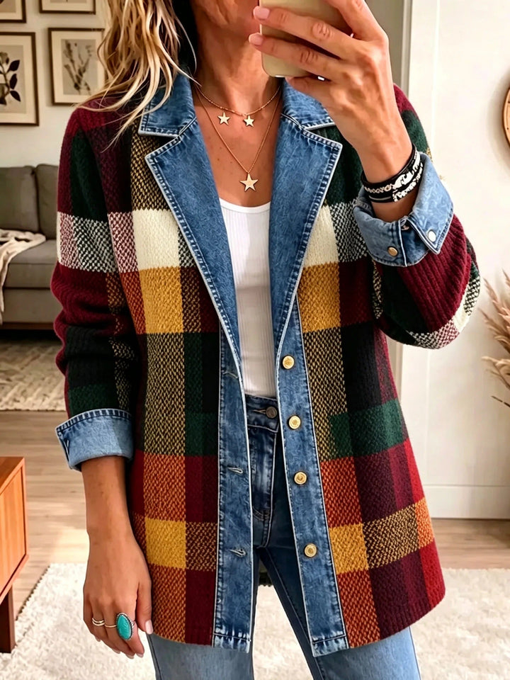 Annalisa | Giacca di jeans con fantasia a quadri e blocchi di colore a contrasto