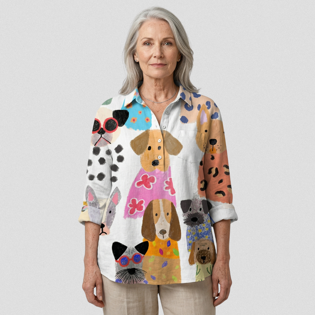 Ida | Blusa casual con cane multicolore in stile fumetto