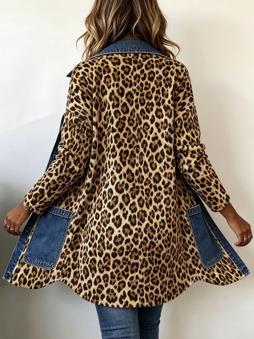 Marina | Giacca lunga con fantasia leopardata e finiture in denim