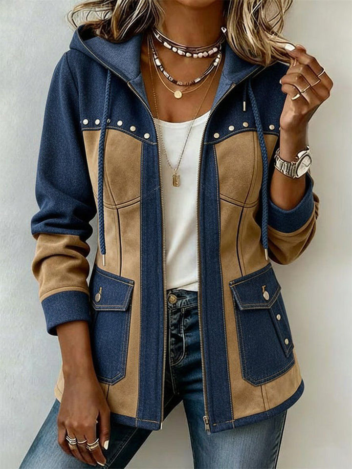 Enrica | Giacca con cappuccio blu navy e color cammello