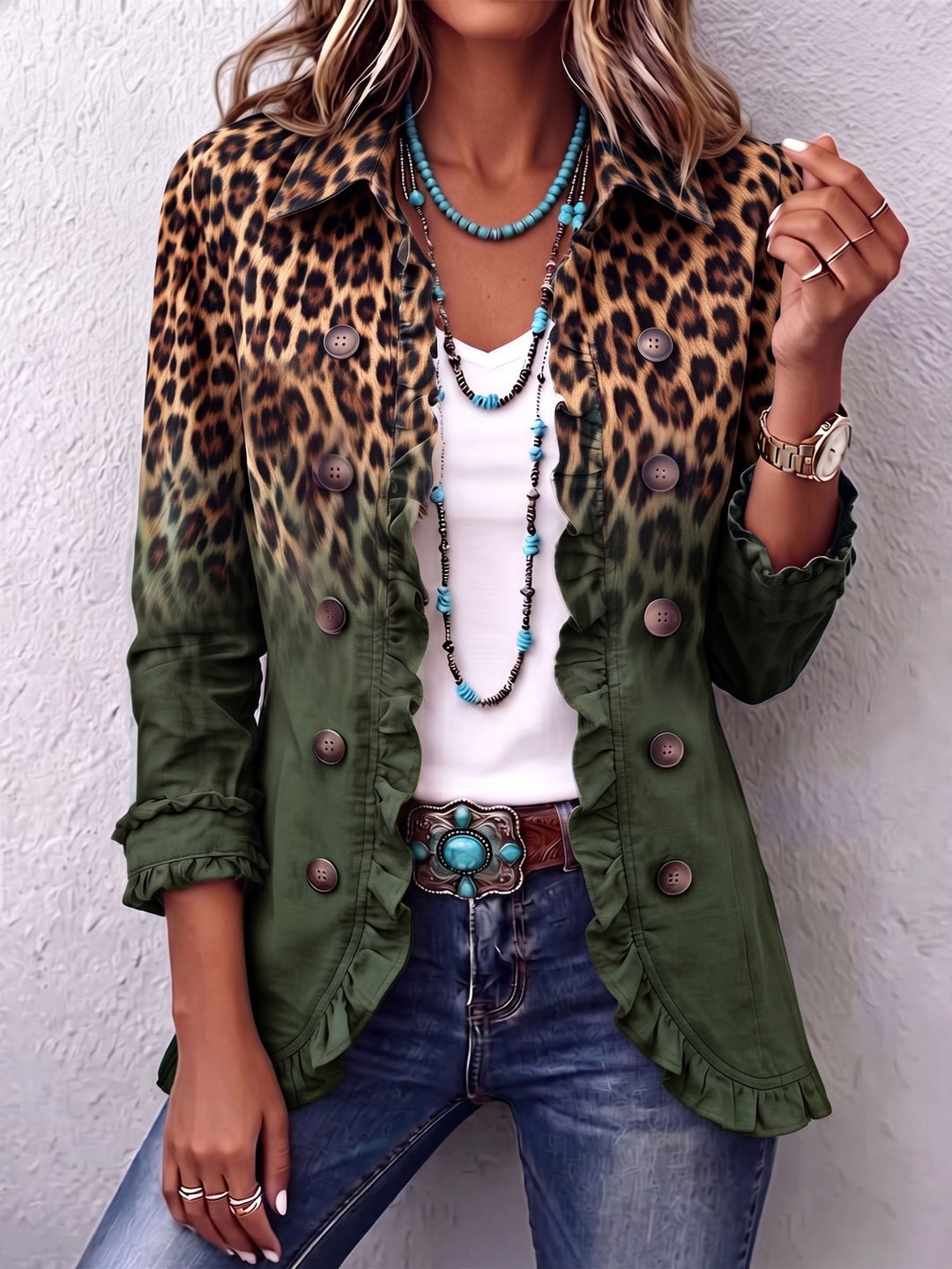 Erminia | Giacca blazer con fantasia leopardata sfumata e volant