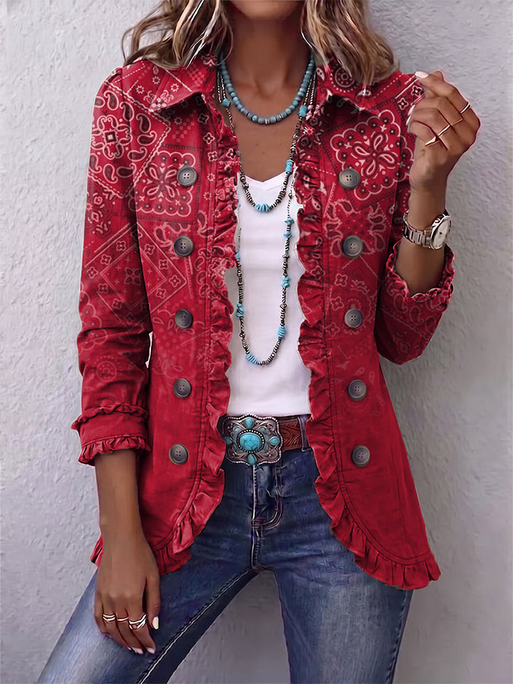 Fiona | Giacca boho con fantasia paisley sfumata e volant