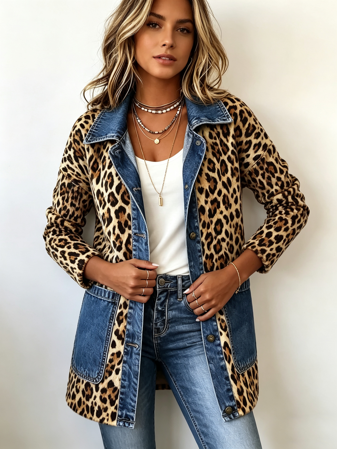 Marina | Giacca lunga con fantasia leopardata e finiture in denim